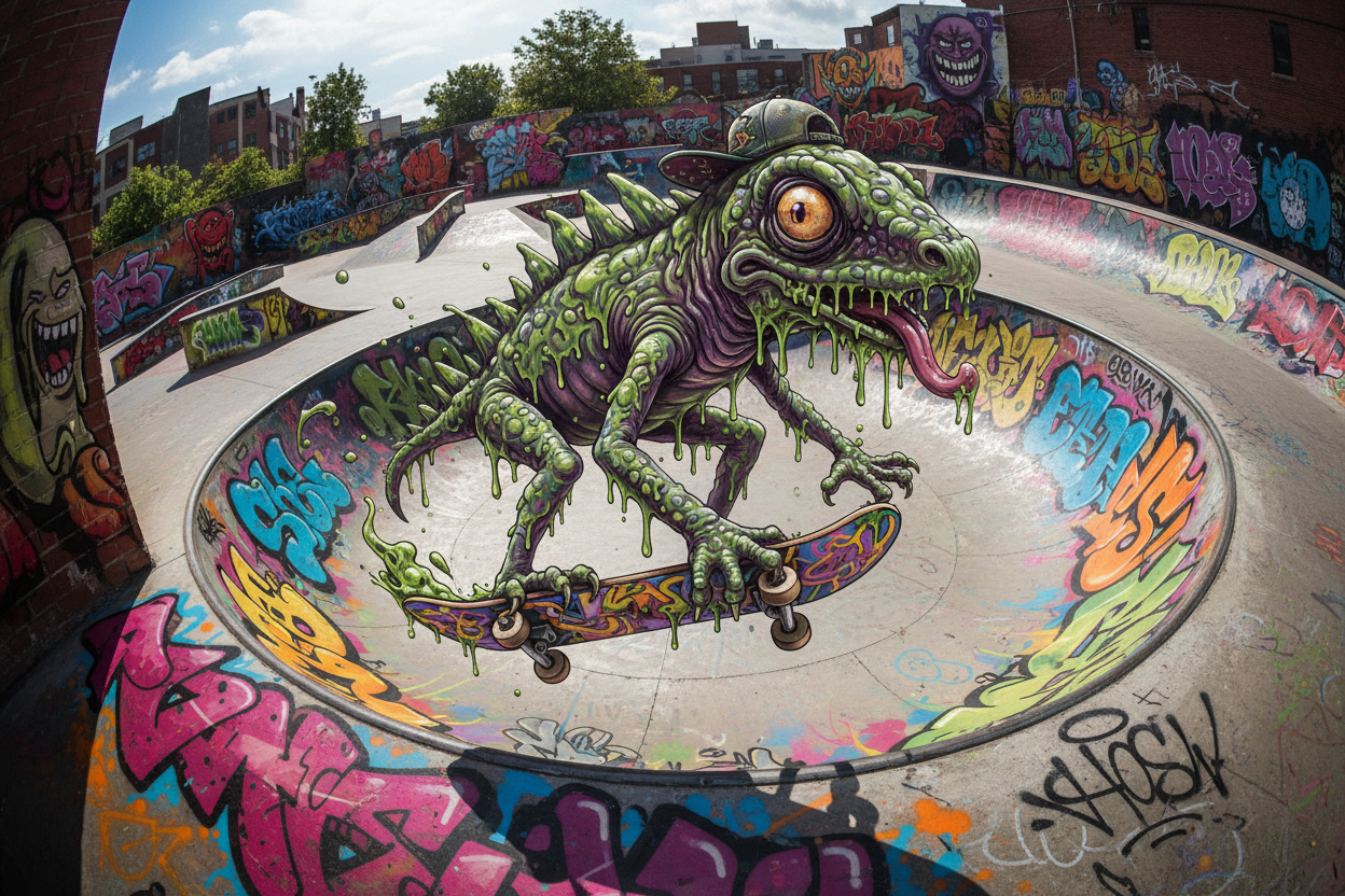 crazy slimy lizard skateboarding